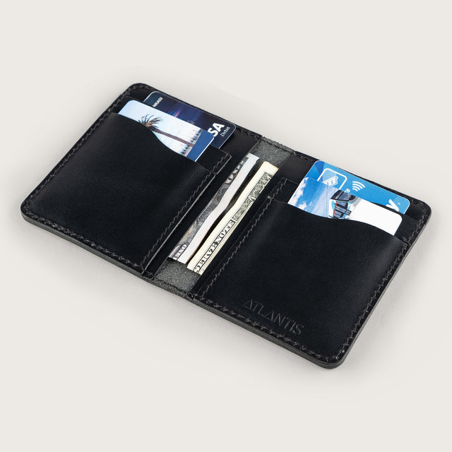Atlantis Black Leather Vertical Bifold Wallet - Atlantis Handmade Shoes - 4110061476549