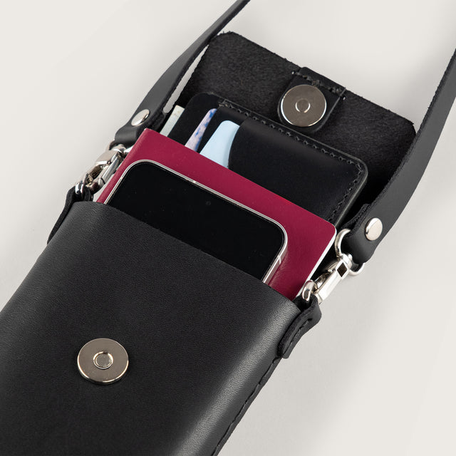 Atlantis Black Leather Crossbody Phone Bag - Atlantis Handmade Shoes - 4110061423543