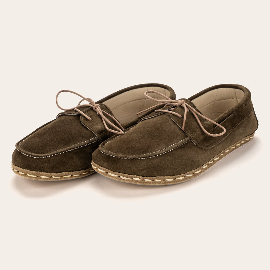 Men's Khaki Green Suede Dock Shoes - Atlantis Handmade Shoes -