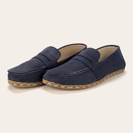 Women's Navy Nubuck Penny Loafers - Atlantis Handmade Shoes -
