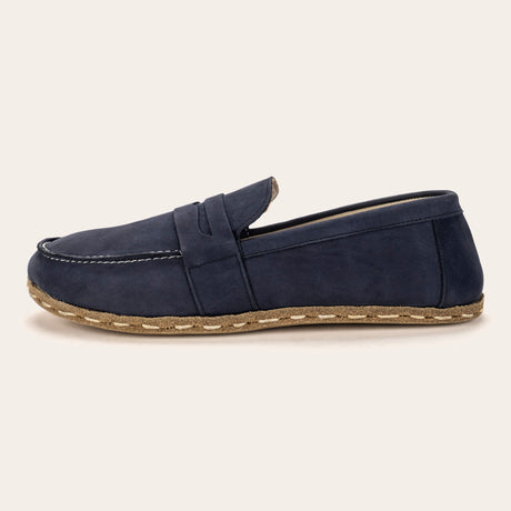 Women's Navy Nubuck Penny Loafers - Atlantis Handmade Shoes -