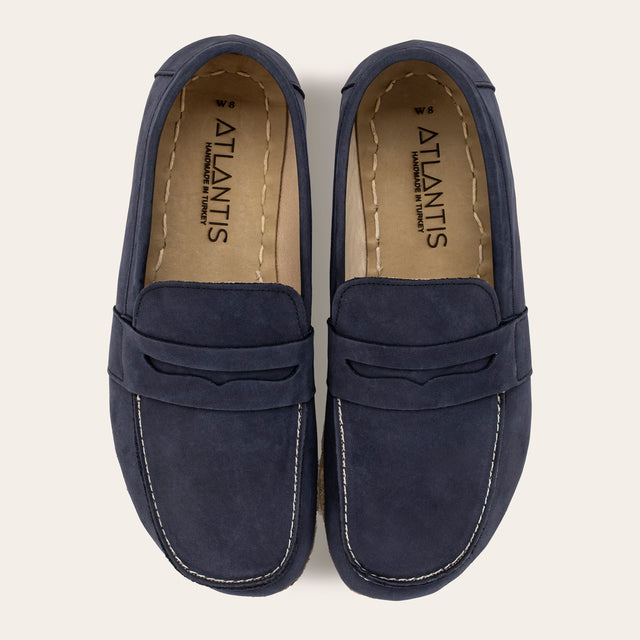 Women's Navy Nubuck Penny Loafers - Atlantis Handmade Shoes -