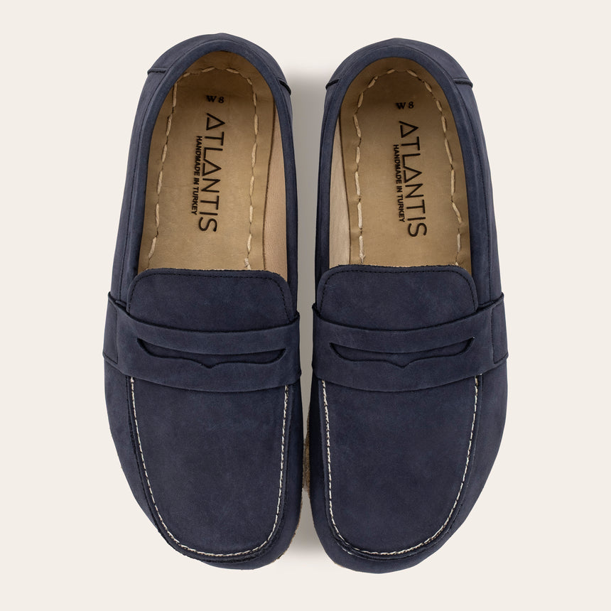 Men's Navy Nubuck Penny Loafers - Atlantis Handmade Shoes -