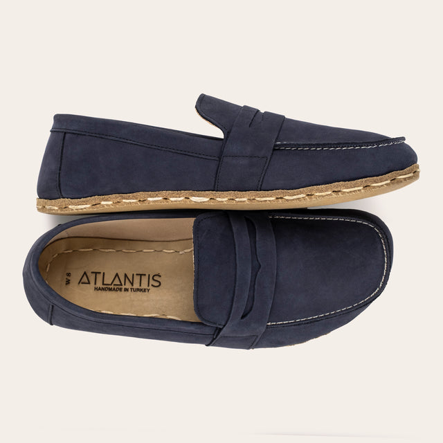 Women's Navy Nubuck Penny Loafers - Atlantis Handmade Shoes -