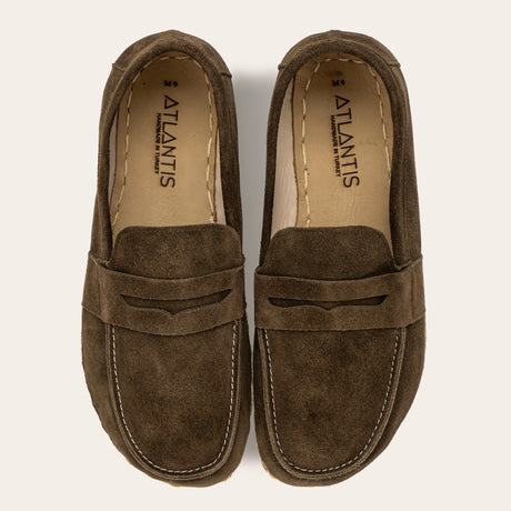 Women's Khaki Green Suede Penny Loafers - Atlantis Handmade Shoes -