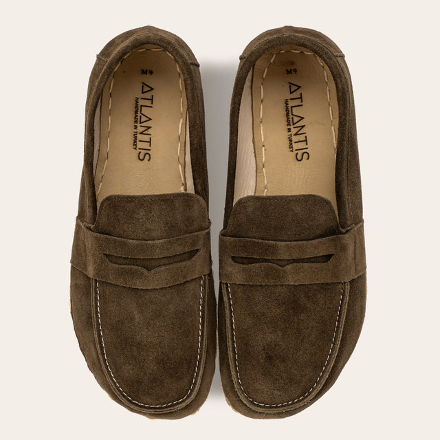 Women's Khaki Green Suede Penny Loafers - Atlantis Handmade Shoes -