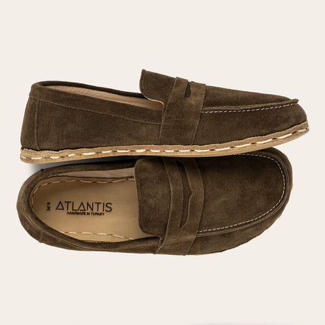 Women's Khaki Green Suede Penny Loafers - Atlantis Handmade Shoes -