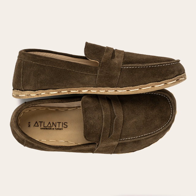 Women's Khaki Green Suede Penny Loafers - Atlantis Handmade Shoes -