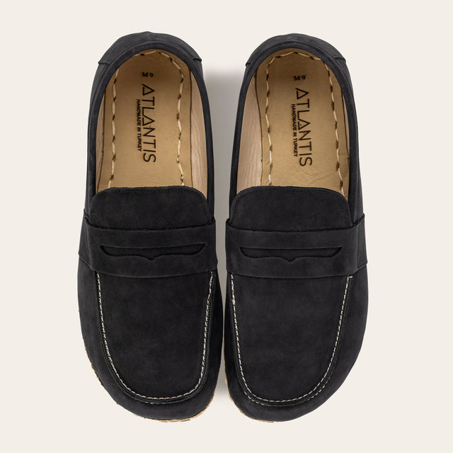 Women's Black Nubuck Penny Loafers - Atlantis Handmade Shoes -