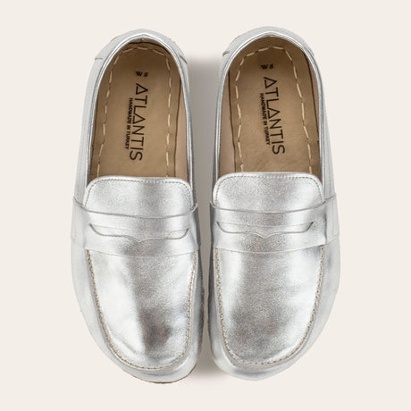Women's Silver Penny Loafers - Atlantis Handmade Shoes -
