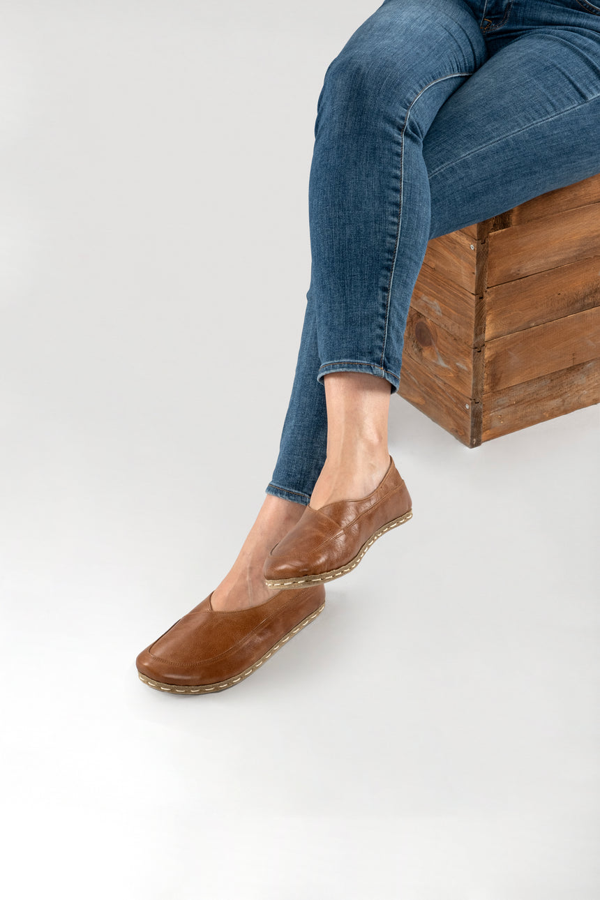 Antique Brown Barefoot Cross Ballet Flats - Atlantis Handmade Shoes -