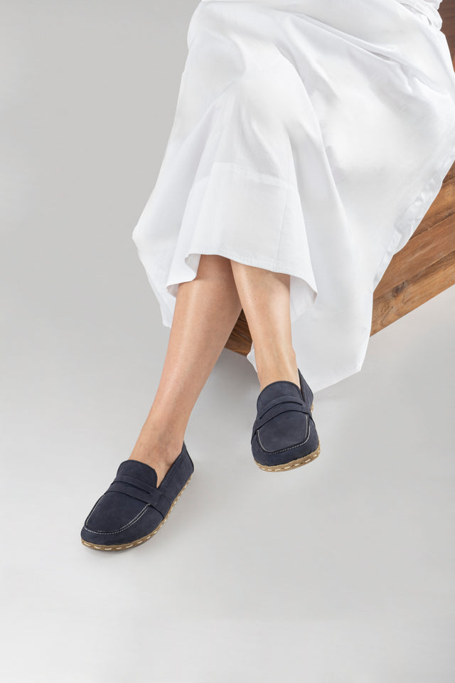 Men's Navy Nubuck Penny Loafers - Atlantis Handmade Shoes -