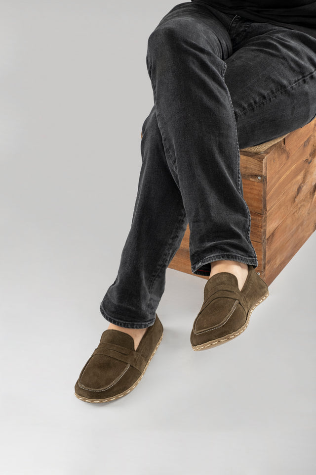 Men's Khaki Green Suede Penny Loafers - Atlantis Handmade Shoes -