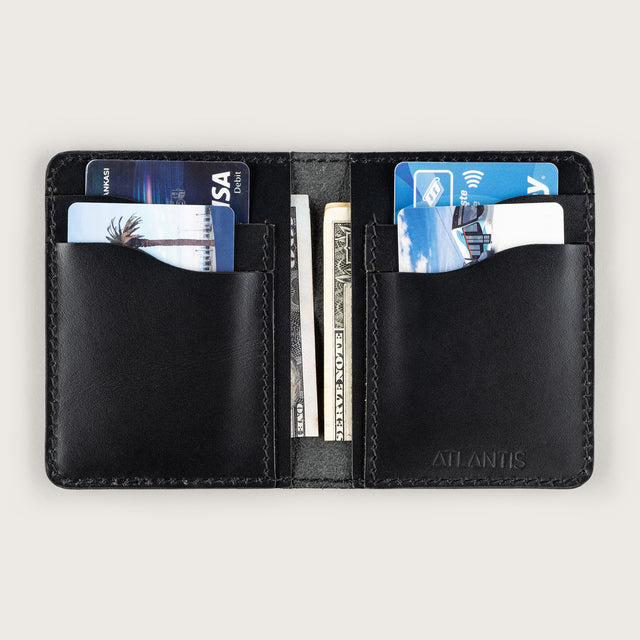 Atlantis Black Leather Vertical Bifold Wallet - Atlantis Handmade Shoes - 4110061476549