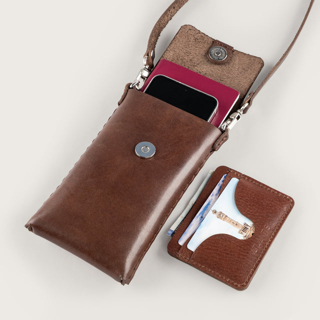 Atlantis Brown Leather Crossbody Phone Bag - Atlantis Handmade Shoes - 4110061426544