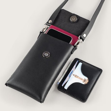 Atlantis Black Leather Crossbody Phone Bag - Atlantis Handmade Shoes - 4110061423543
