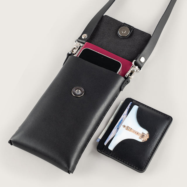 Atlantis Black Leather Crossbody Phone Bag - Atlantis Handmade Shoes - 4110061423543