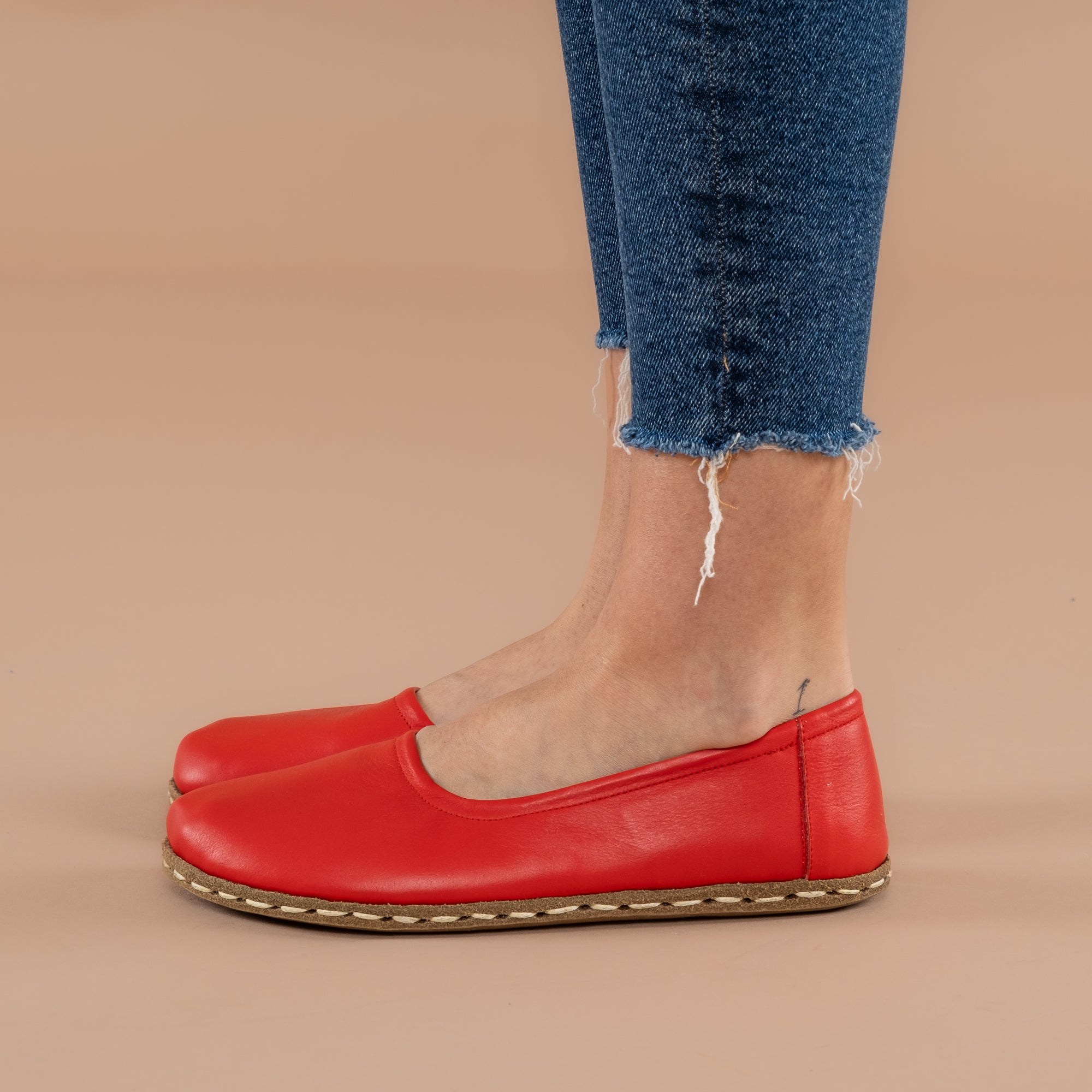 Women s Red Barefoot Ballet Flats Atlantis Handmade Shoes Women EU 35 US 4.5 5 Leather Outsole with Copper Rivet