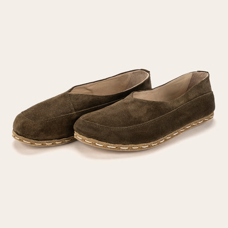 Khaki Green Suede Barefoot Cross Ballet Flats - Atlantis Handmade Shoes - 