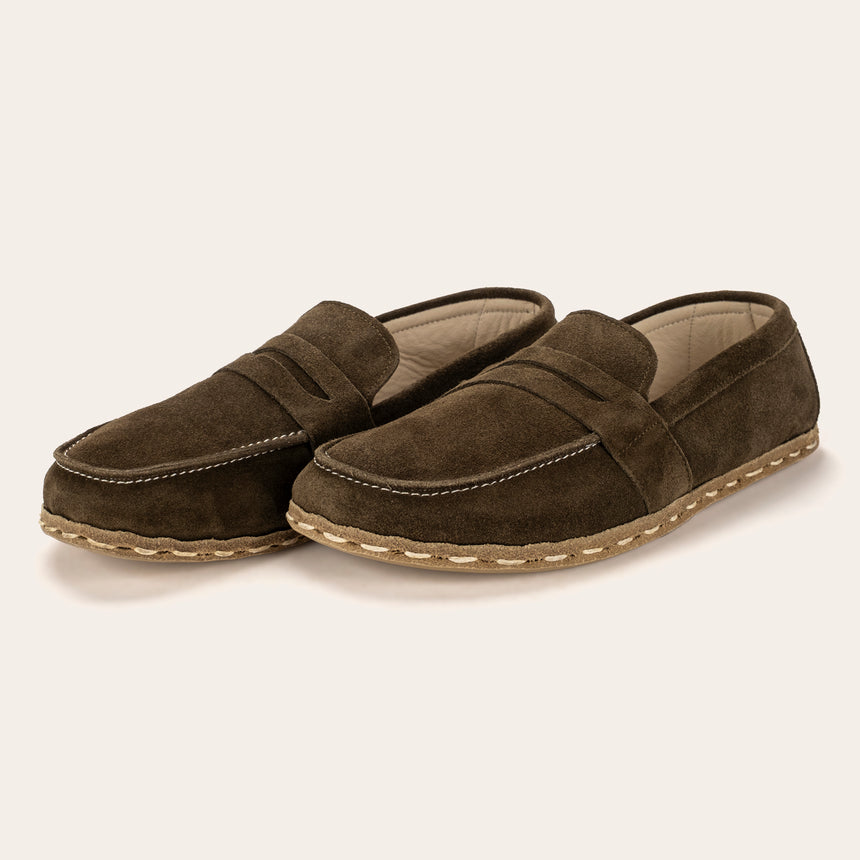 Men's Khaki Green Suede Penny Loafers - Atlantis Handmade Shoes - 