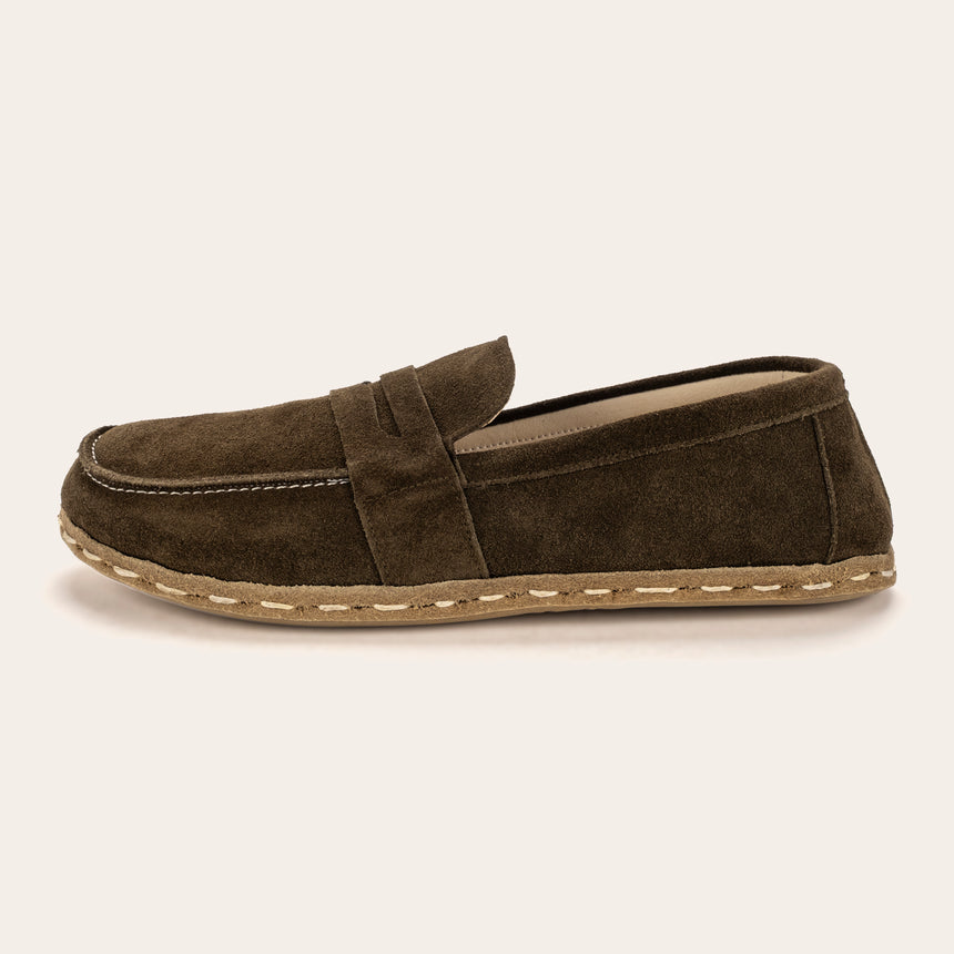 Men's Khaki Green Suede Penny Loafers - Atlantis Handmade Shoes - 
