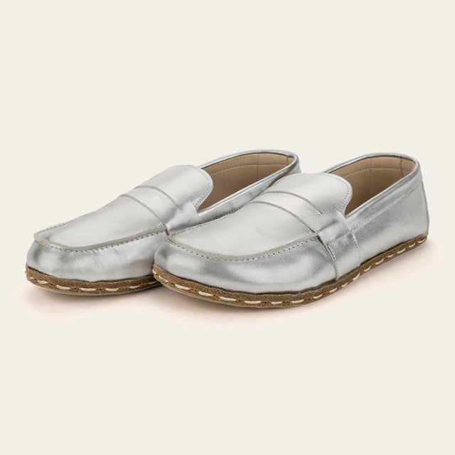 Women's Silver Penny Loafers - Atlantis Handmade Shoes -