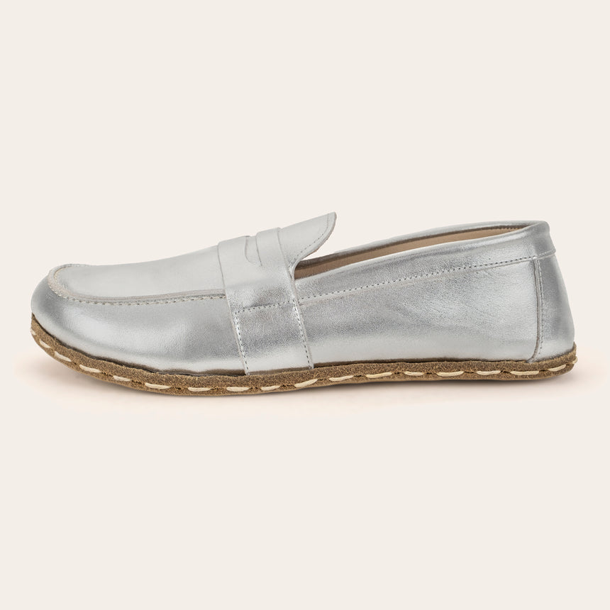 Women's Silver Penny Loafers - Atlantis Handmade Shoes - 