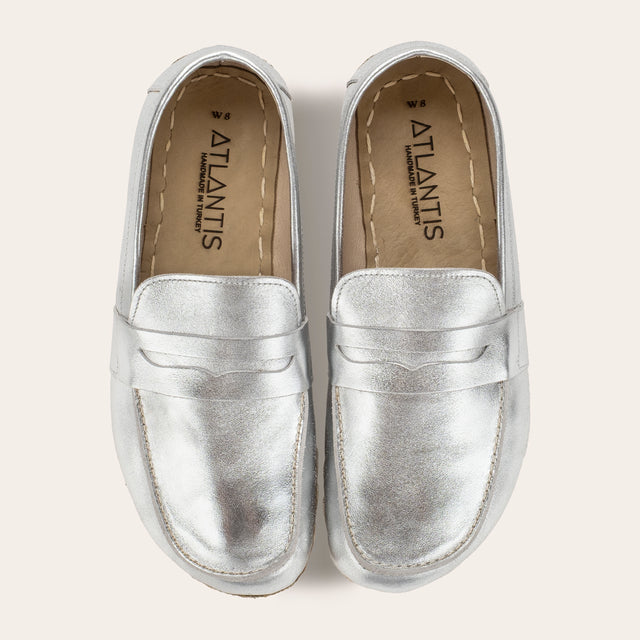 Women's Silver Penny Loafers - Atlantis Handmade Shoes - 
