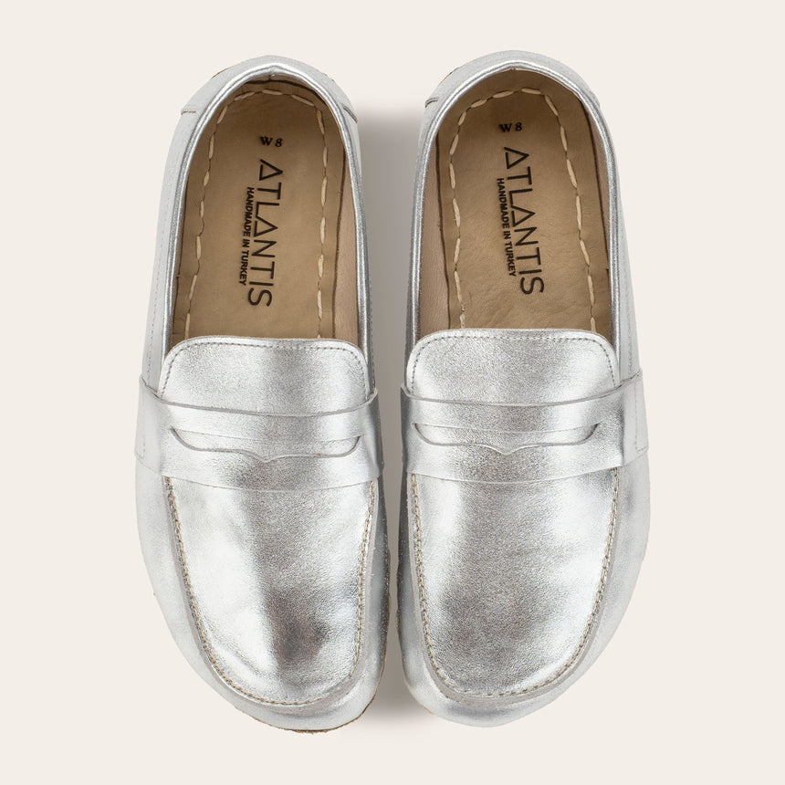 Women's Silver Penny Loafers - Atlantis Handmade Shoes - 