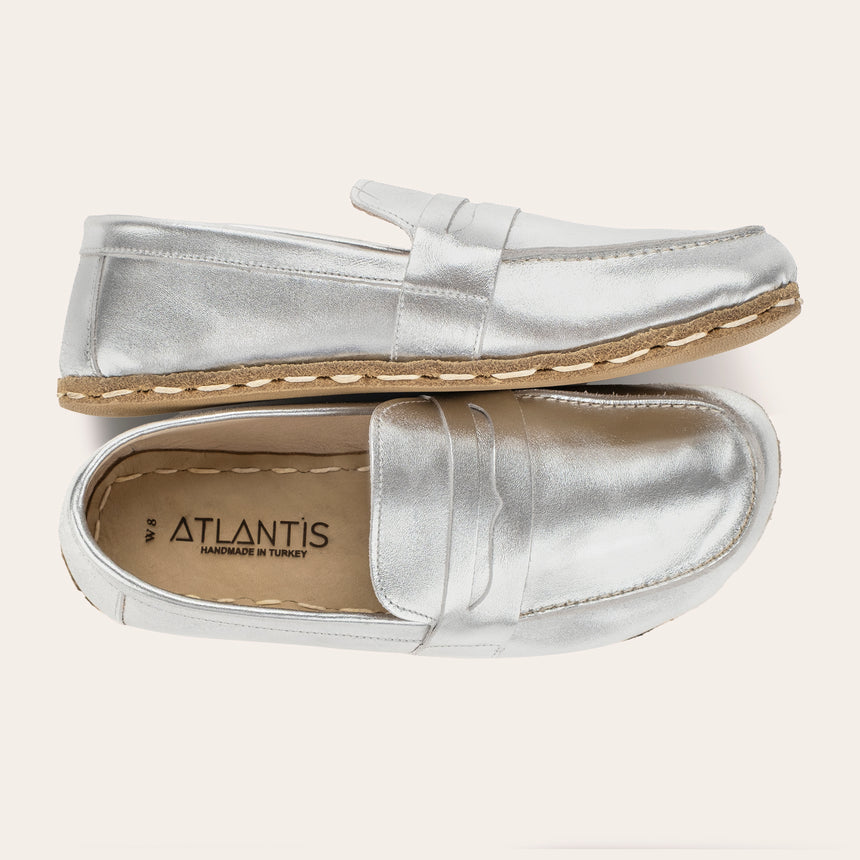 Women's Silver Penny Loafers - Atlantis Handmade Shoes - 
