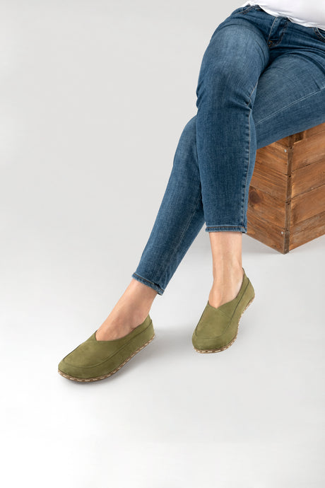 Olive Green Barefoot Cross Ballet Flats - Atlantis Handmade Shoes - 
