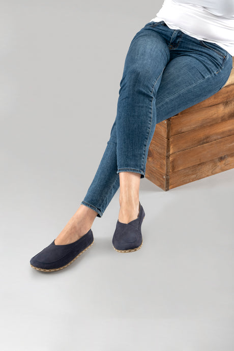 Navy Nubuck Barefoot Cross Ballet Flats - Atlantis Handmade Shoes - 