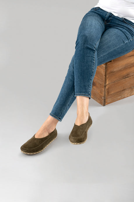 Khaki Green Suede Barefoot Cross Ballet Flats - Atlantis Handmade Shoes - 