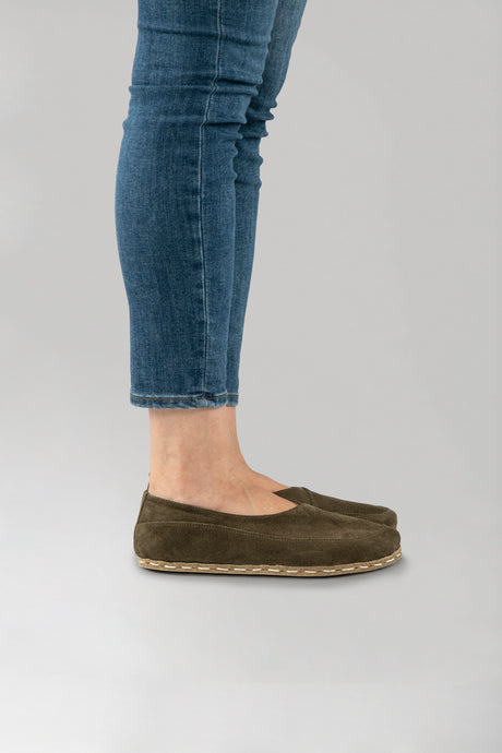Khaki Green Suede Barefoot Cross Ballet Flats - Atlantis Handmade Shoes - 
