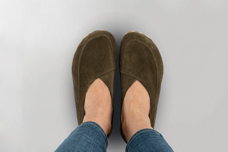 Khaki Green Suede Barefoot Cross Ballet Flats - Atlantis Handmade Shoes - 
