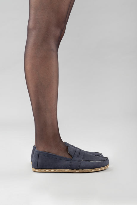 Men's Navy Nubuck Penny Loafers - Atlantis Handmade Shoes - 