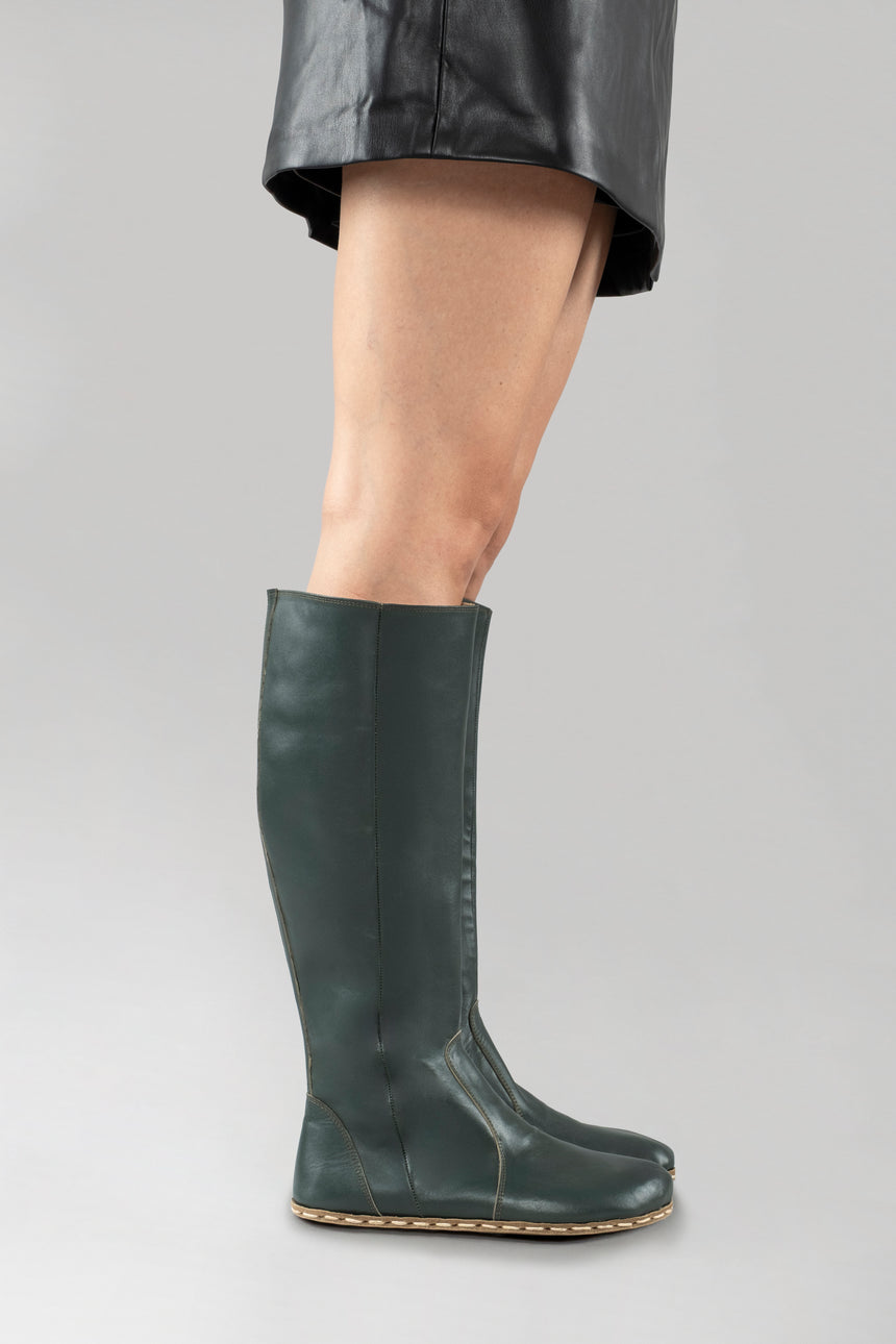 Women's Bottle Green Barefoot Knee High Boots - Atlantis Handmade Shoes - 