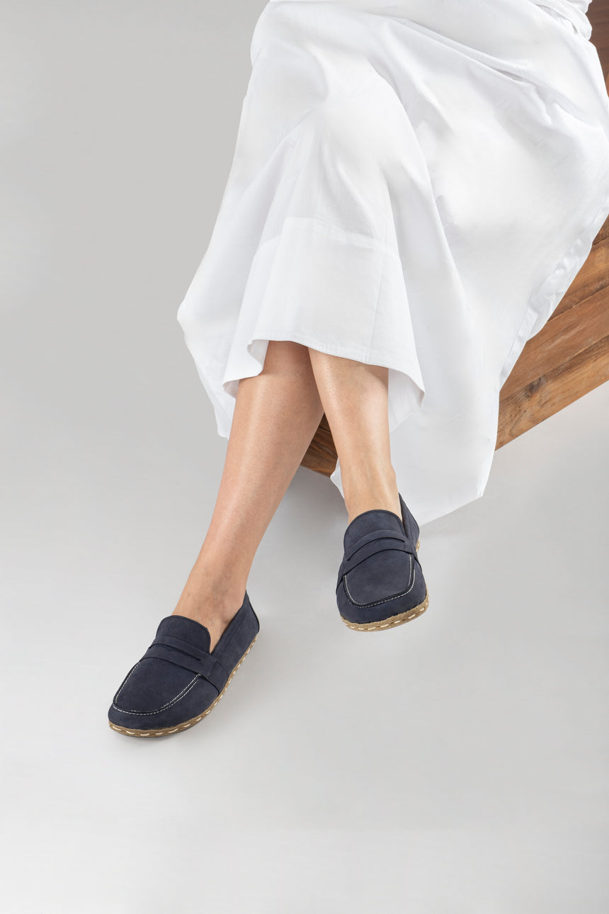 Men's Navy Nubuck Penny Loafers - Atlantis Handmade Shoes - 