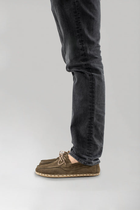 Men's Khaki Green Suede Dock Shoes - Atlantis Handmade Shoes - 