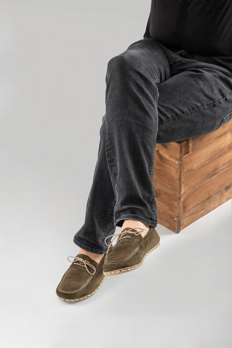 Men's Khaki Green Suede Dock Shoes - Atlantis Handmade Shoes - 