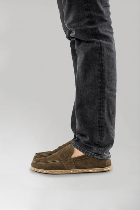 Men's Khaki Green Suede Penny Loafers - Atlantis Handmade Shoes - 