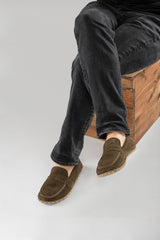 Men's Khaki Green Suede Penny Loafers - Atlantis Handmade Shoes -