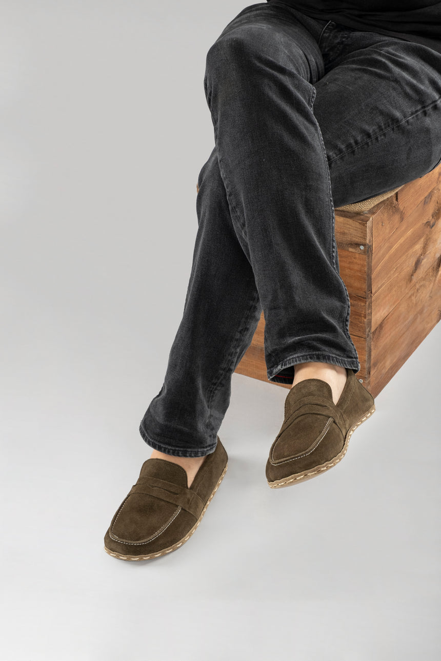 Men's Khaki Green Suede Penny Loafers - Atlantis Handmade Shoes - 