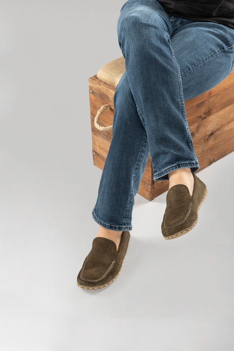 Men's Khaki Green Suede Moccasins - Atlantis Handmade Shoes - 