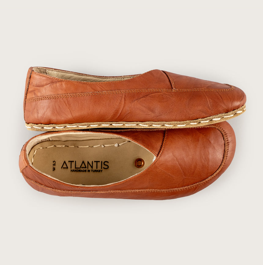 Women’s Wrinkled Brown Barefoot Cross Ballet Flats - Atlantis Handmade Shoes - 4110060565541