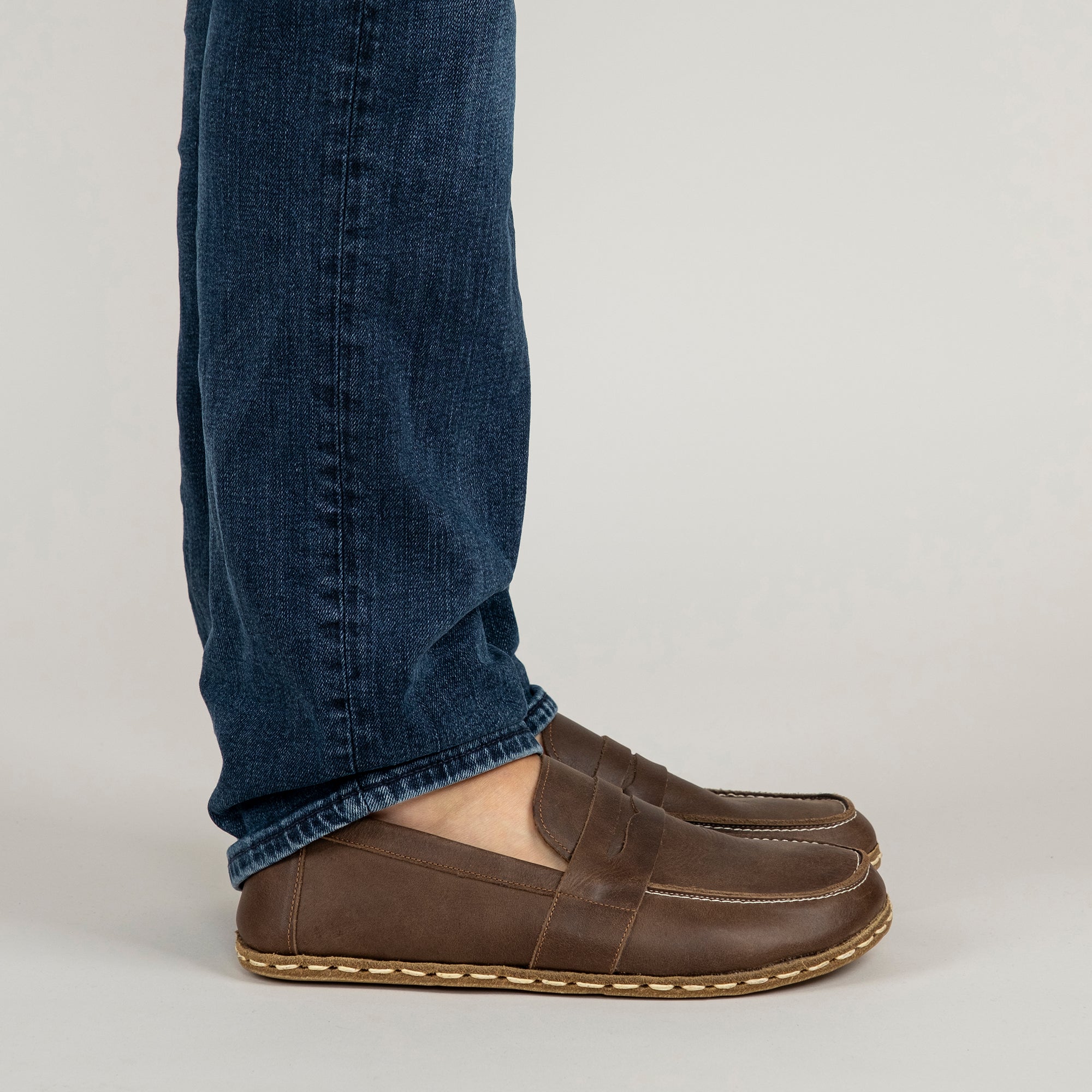 Men's Coffee Penny Loafers - Leather Handmade Barefoot Shoes