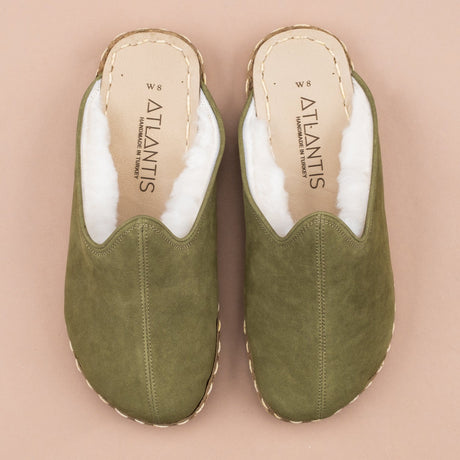 Women's Olive Leather Barefoot Shearling Slippers
