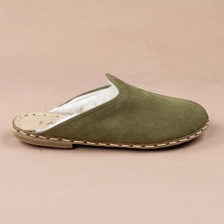 Erkek Olive Barefoot Kürklü Terlik