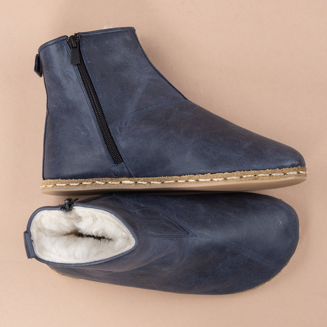 Women's Blue Leather Barefoot Boots with Fur