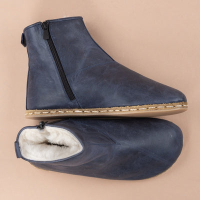 Men's Leather Blue Barefoot Boots with Fur
